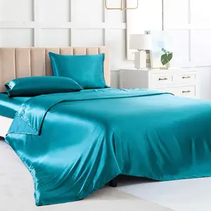 Bed Sheets Queen Sheet Set, Teal Silk Sheets, 4 - Pieces Soft Bedding Set with 1 Deep Fitted Sheet,1 Flat Sheet,2 Pillowcase