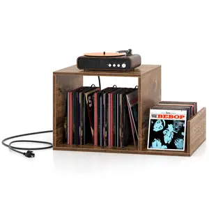 COSTWAY - Mid-century Record Player Stand with Power Outlet and Vinyl Divider-Rustic Brown