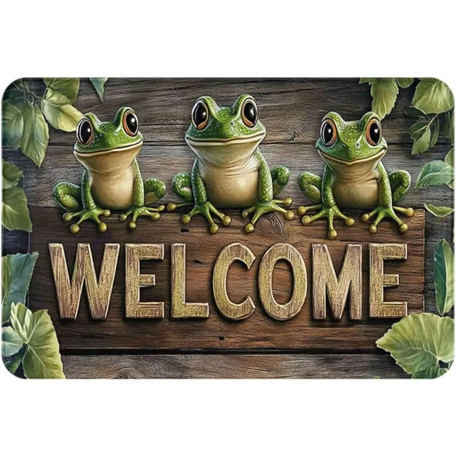 Flannel Three Green Frogs Wooden Welcome Letter Rustic Farmhouse Kitchen Doormat
