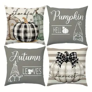 4pcs, Autumn Pillow Covers, Gray Brown Striped Polka Dot Pumpkin Pattern Cute Dwarf Fall Text Cushion Covers, Home Decorative Pillows Suitable for Living Room Sofa Bedroom, Single-sided Printing, No Pillow Core