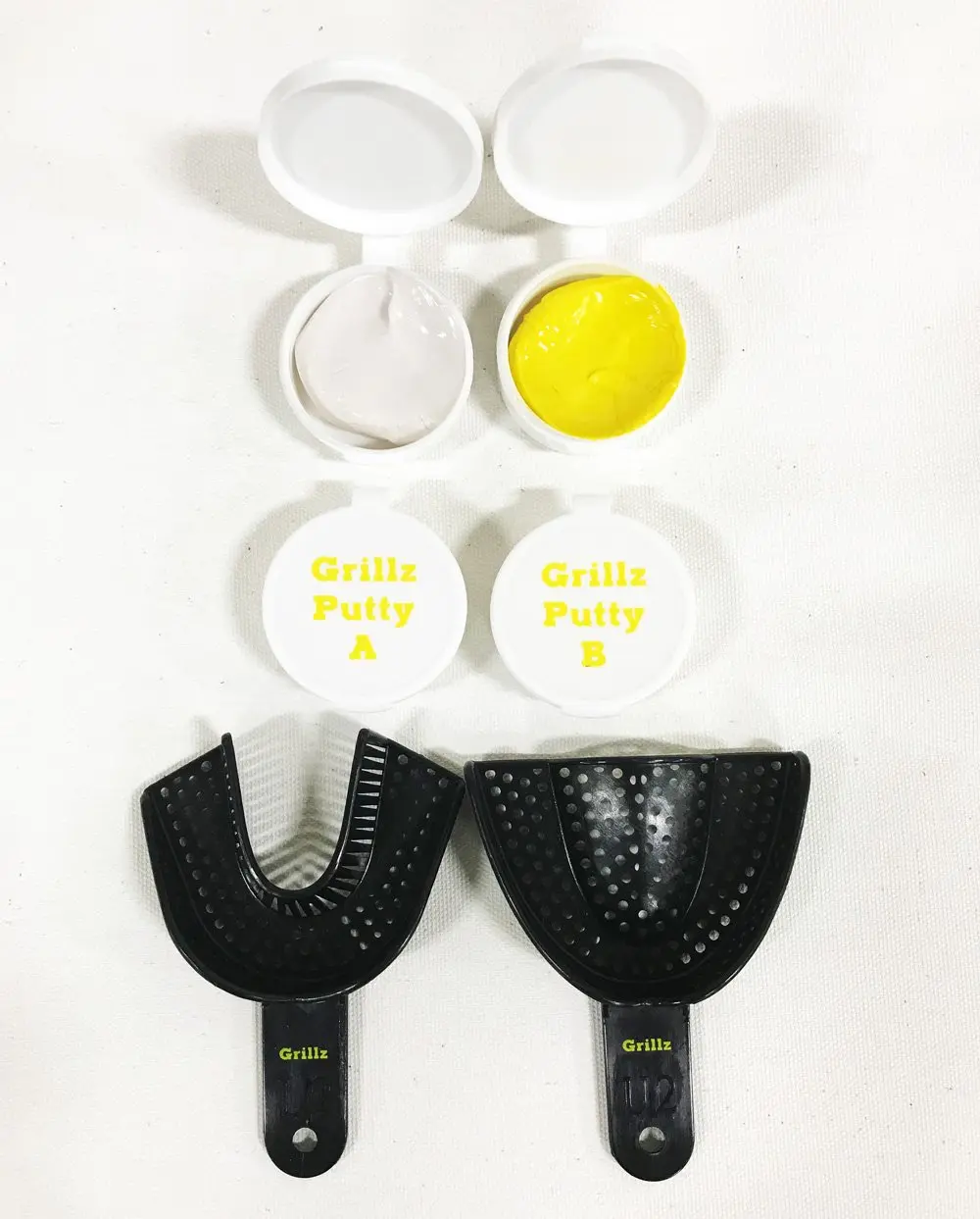2-Piece Custom Grillz Top & Bottom Mold Kit for Kitchen, Includes Upper & Lower Grillz Impression Trays, 2 Sets of Molding Putty, Rubber Gloves, Instructions Manual (Yellow Gold Set)
