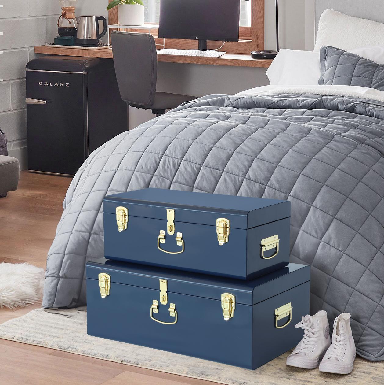 Navy Blue Metal Keepsake Storage Trunk – Dorm Footlocker for Toys, Clothes & Memory Storage