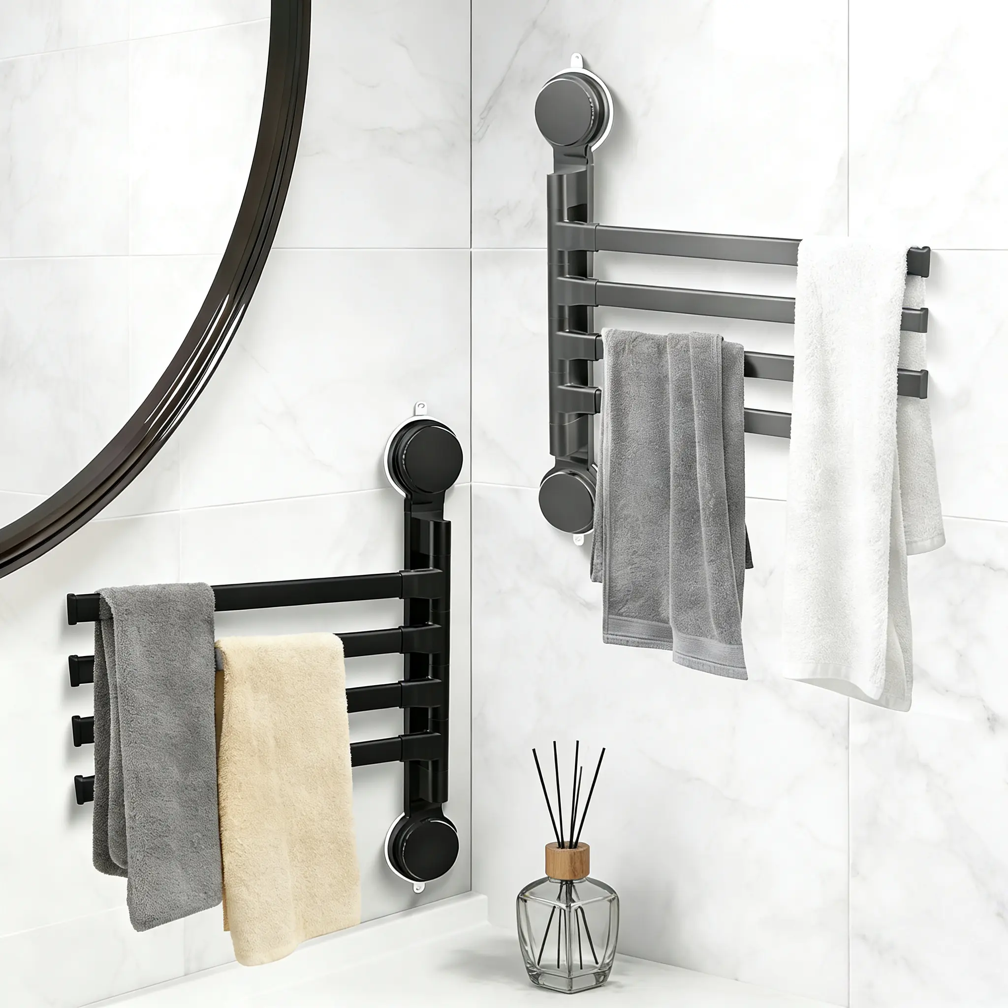 FEELSO No-Drill Suction Cup Towel Rack - Quiet Smooth Spin Rotating Wall-Mounted Suction Cup Hooks, Bathroom & Kitchen Organization Storage Fixture, Wall Hanger Hook, Shower Suction Cup Hooks