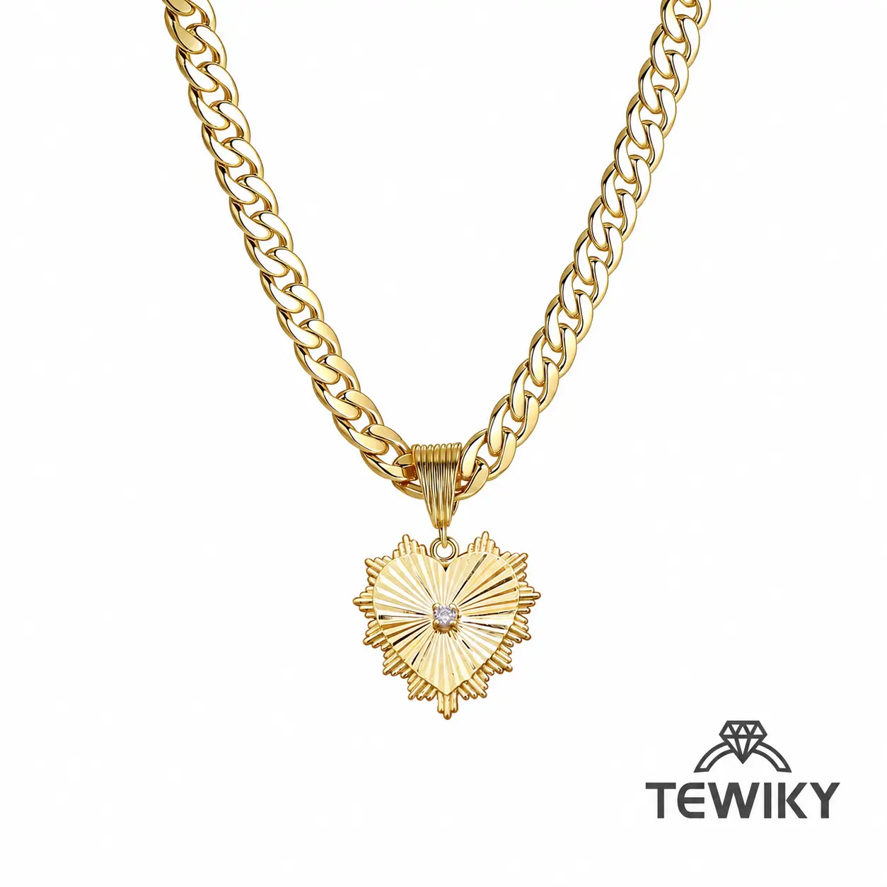 TEWIKY 14K Gold Plated Chunky Cuban Link Heart Necklace for Women, Radiant Zircon Heart Pendant, Adjustable Vintage Y2K Statement Jewelry Gift