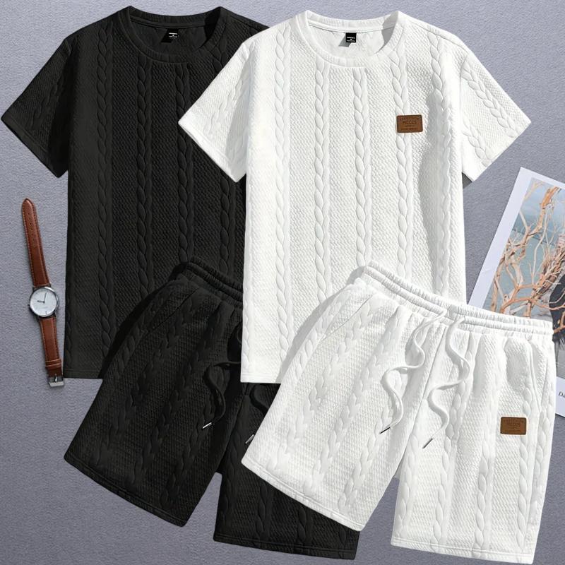 Men’s summer casual fashion set featuring a crew neck short-sleeve top and shorts, with woven texture and embossed pattern design that showcases a gentleman boyfriend style—an ideal choice for holiday gifts.