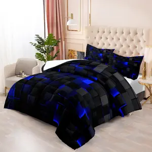 Geometric Blue Black Comforter Set, Light Honeycomb 3 Piece Queen Size Bedding Set for Teen Boys, Modern Geometry Decor Quilt Set, Microfiber Lightweight All Season 1 Comforter 2 Pillowcases