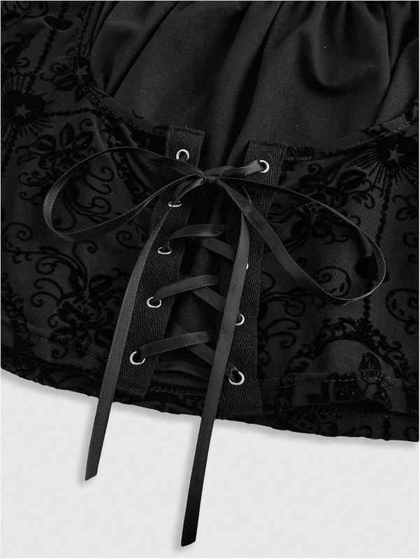 Verdusa Women's Gothic Clothes Flare Sleeve Tops Flower Pattern Velour Cross Lace-up Waist Crop Top Plus Size Double Pull Zipper Bodysuit Unisex Spandex