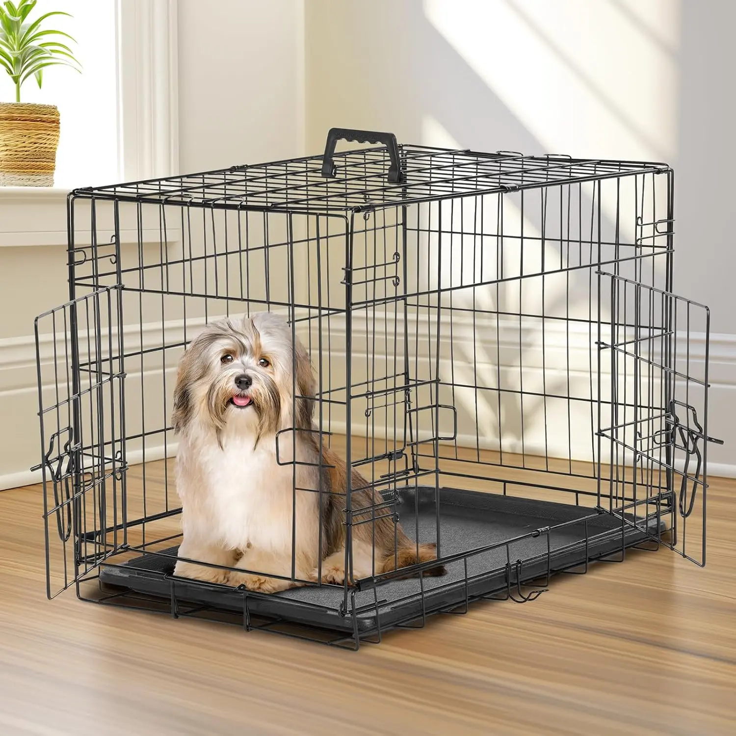 30 Inch Medium Dog Crate with Divider Panel, 30.31"L x 17.91"W x 19.49"H Double Door Folding Metal Wire Dog Cage with Leak-Proof Plastic Tray, Indoor Outdoor Travel Pet Kennel for Medium Dogs