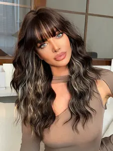 22 Inch Dark Brown& White Highlight Wavy Wigs for Women - Shoulder Length Wig with Bangs, Soft Silky Heat-Resistant Synthetic Fiber Wigs for Party Use, Perfect for Holidays Music Festivals - Graduation & Mother's Gift Loose Wave Wigs