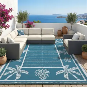 Reversible Outdoor Rug Waterproof Plastic Straw Tropical Leaf Patio Carpet, Large Indoor Outdoor Area Rug for RV Camping Deck Picnic Balcony Backyard, Portable Foldable Outside Mat with Carry Bag