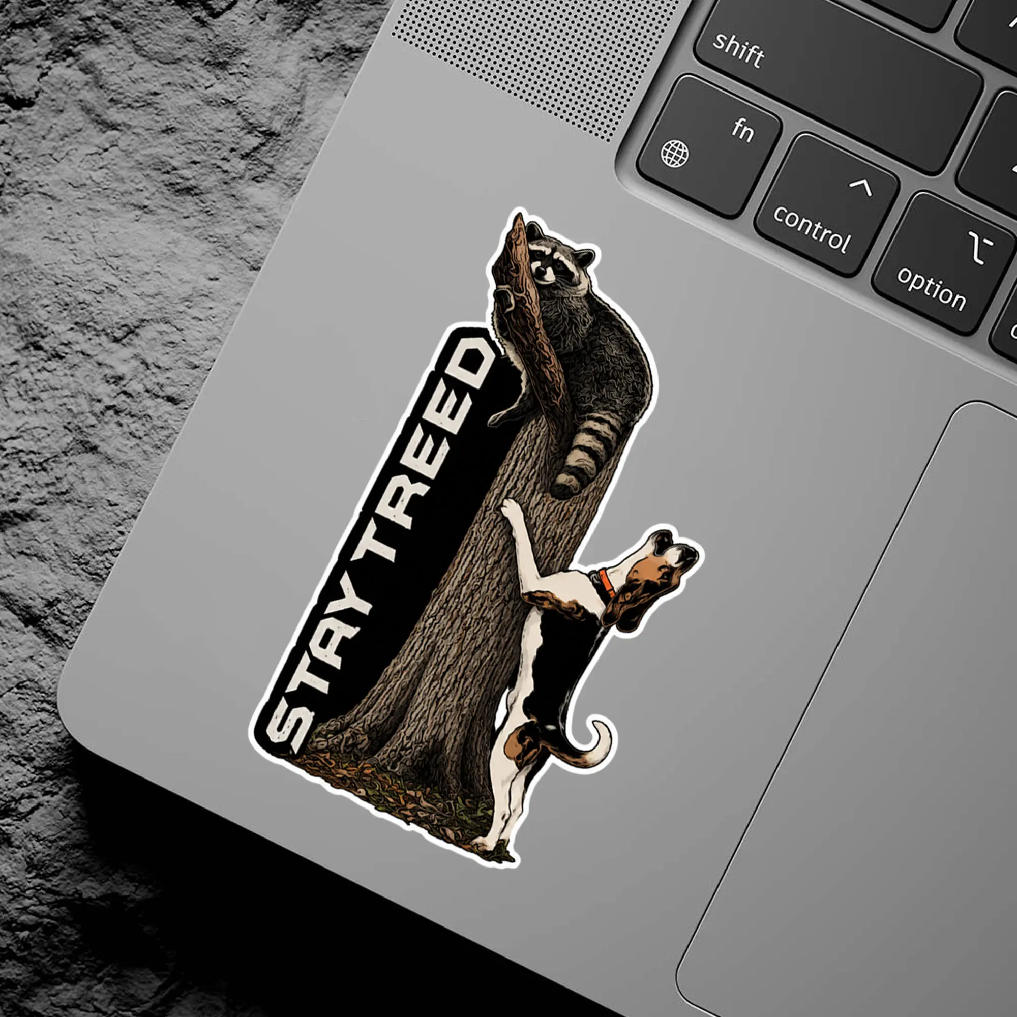Stay Treed Coonhound Raccoon Hunting Vinyl Sticker, Waterproof Die Cut Treeing Walker Hound Dog Outdoor Truck Decal, Laptop Car Decor