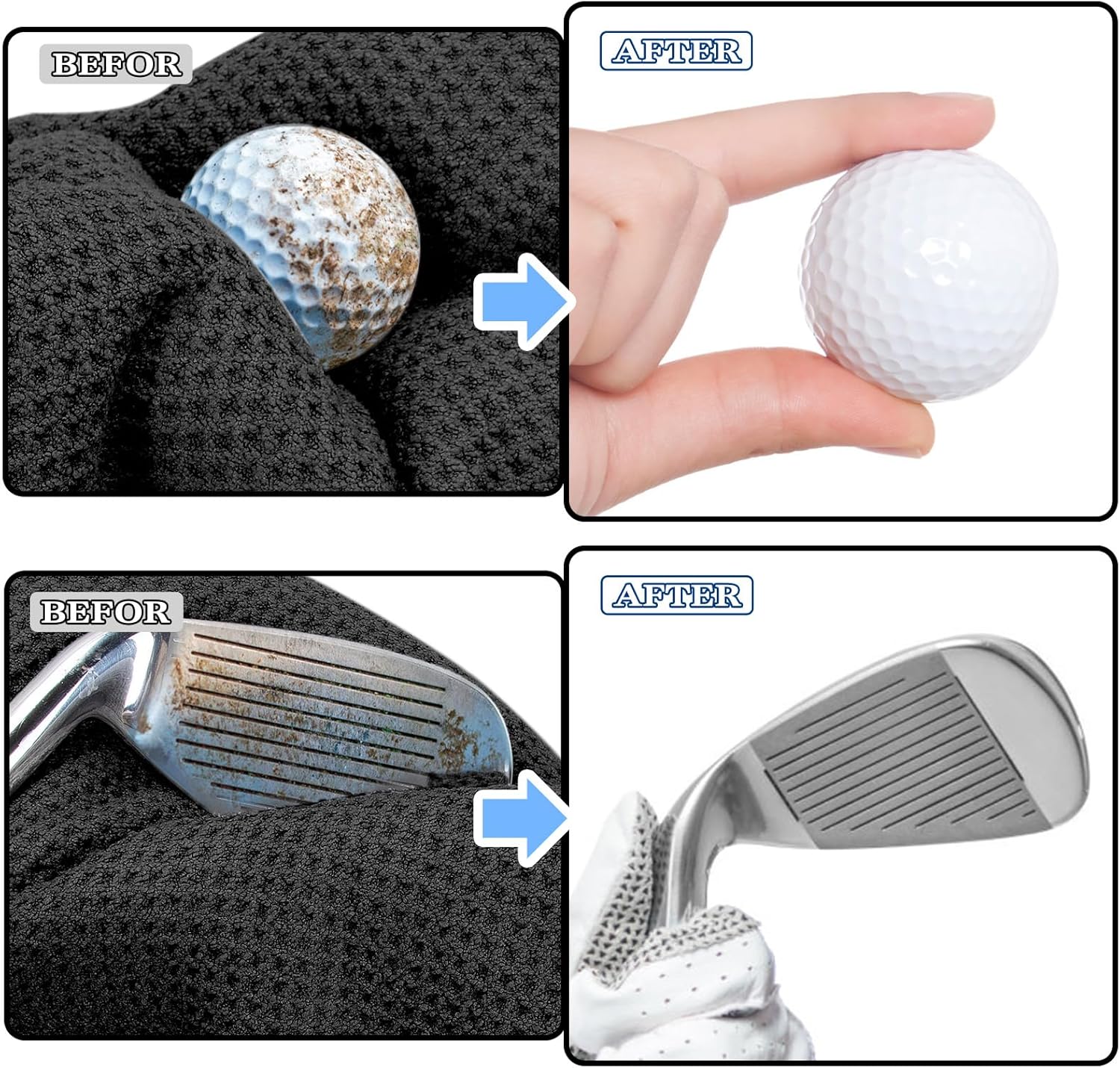 2 Pack Golf Towel (16" X 16") with Club Brush, Microfiber Waffle Pattern Golf Towels for Golf Bags for Men,Essential Golf Combo Cleaning Kit (Black)