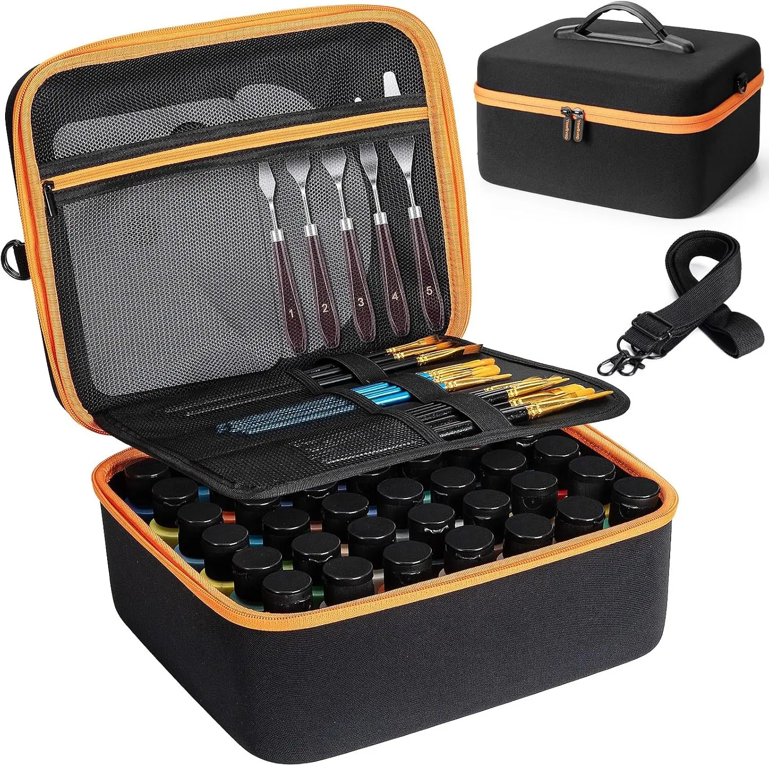 Hard Paint Storage Case for 42 Bottles (2 fl oz), Craft Paint Bottle Organizer, Art Supply Storage Box with Pocket for Paint Brushes, Palette Board & Painting Knives