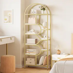 Garvee 6-Tier Arched Bookshelf, 82-Inch Tall Bookshelf, Geometric Open Storage Shelf, Large and Modern Metal Shelf for Living Room, Home, Office, Gold and