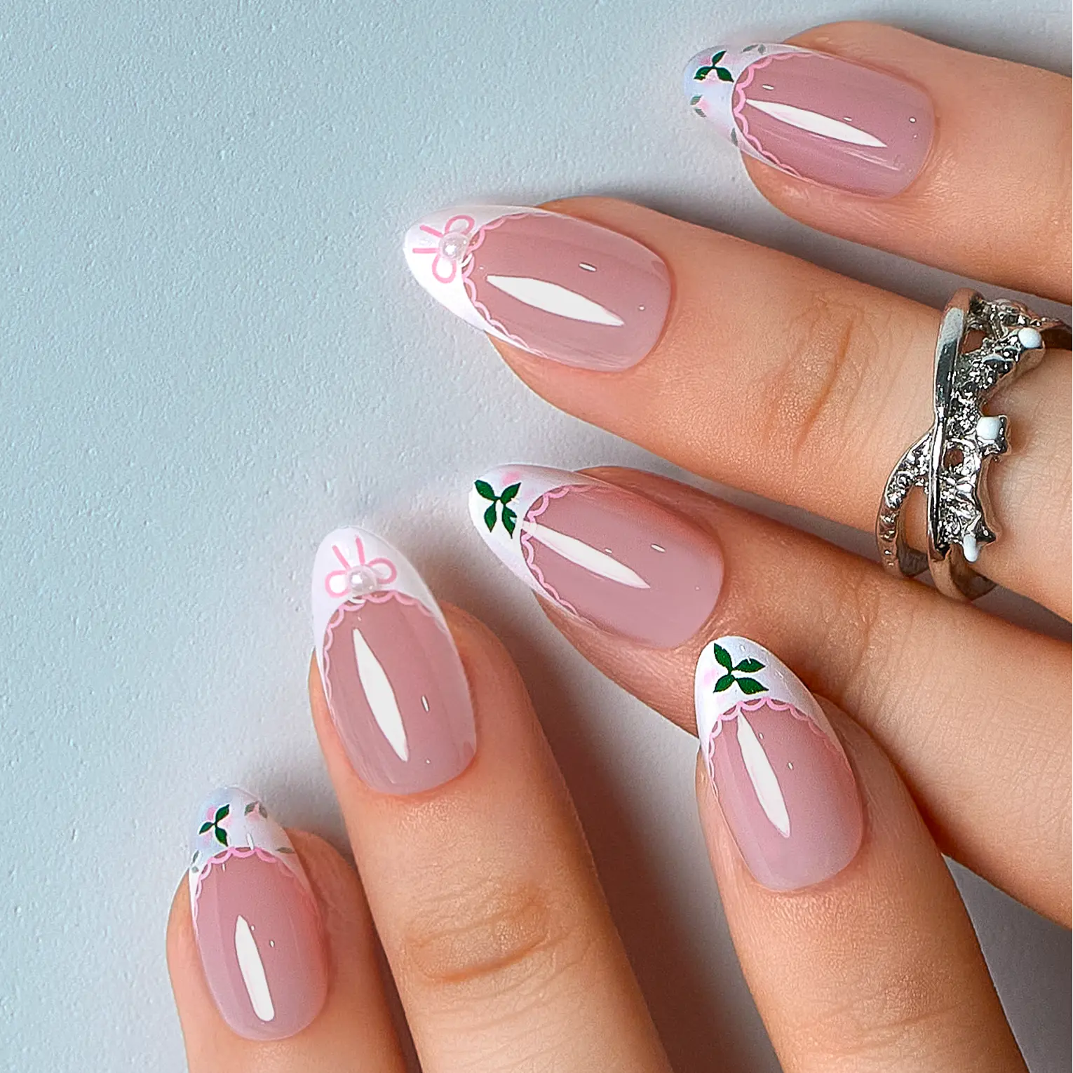 CurvLife Nailora short almond french acrylic press on nails nude glossy-shiny frenchstick on nails easy apply nail art