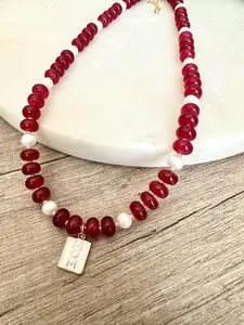 Ruby Red Jade and Freshwater Peals Beaded Necklace with Mom Pendant -Gift-Wedding-Bridesmaid