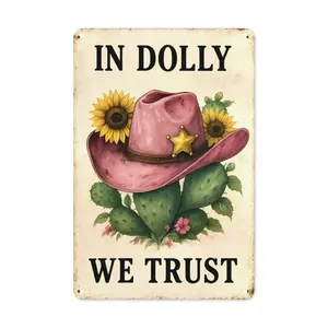 1 Piece Vintage Western Cowgirl Metal Wall Decor - "We Trust Dolly" Vintage Country Sign With Pink Hat, Cactus, And Sunflower - Farmhouse, Kitchen, Bar, Office Decoration - Durable Indoor/Outdoor Deco