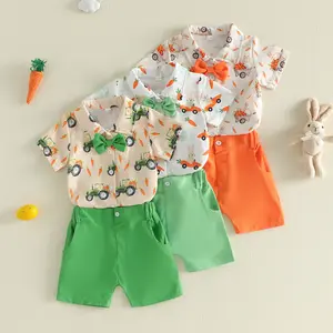 Toddler Baby Little Easter Boys Outfits Summer Short Sleeve Turn Down Collar Rabbit Carrot Print Tops and Shorts Set 6M-4Y