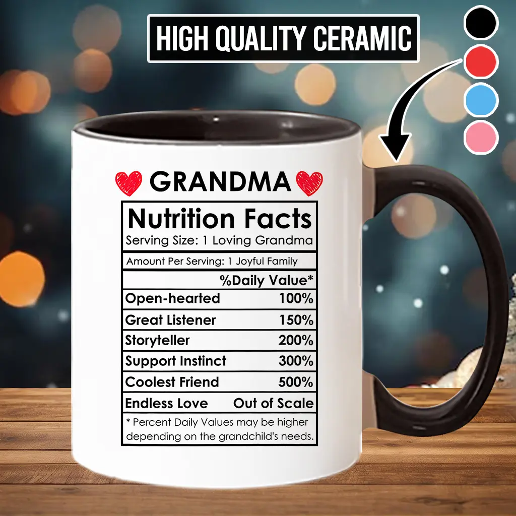 Stylish Printed Ceramic Grandma Coffee Mug - Funny Nutrition Facts Washable Beverage Cup, Grandma Gifts From Grandchildren, Kitchenware Drinkware - mth10021