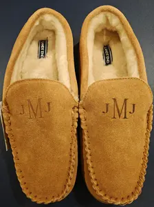 Lands' End Men's Classic Fuzzy Fur-Lined Suede Flat Moccasin Slippers - Monogrammed JMJ, Size 11 Men's Footwear Shoe