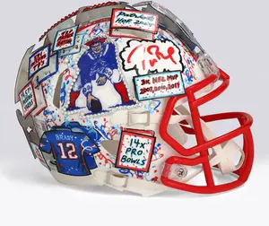 Tom Brady New England Patriots Autographed Riddell 1990-1992 Throwback Speed Mini Helmet - Signed in Red Ink - Art by Charles Fazzino - WN55916380 - Fanatics Authentic Certified