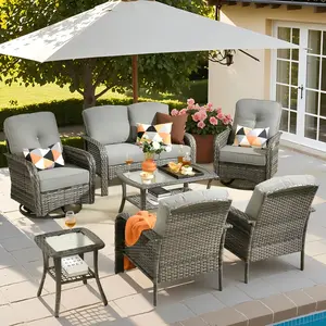 OVIOS 7-Piece Outdoor Patio Furniture Set with Wicker Sofa, Swivel Chairs & Coffee Table, All-Weather Conversation Set with Cushions for Backyard Patio Porch Deck Garden Balcony Outdoor Seating