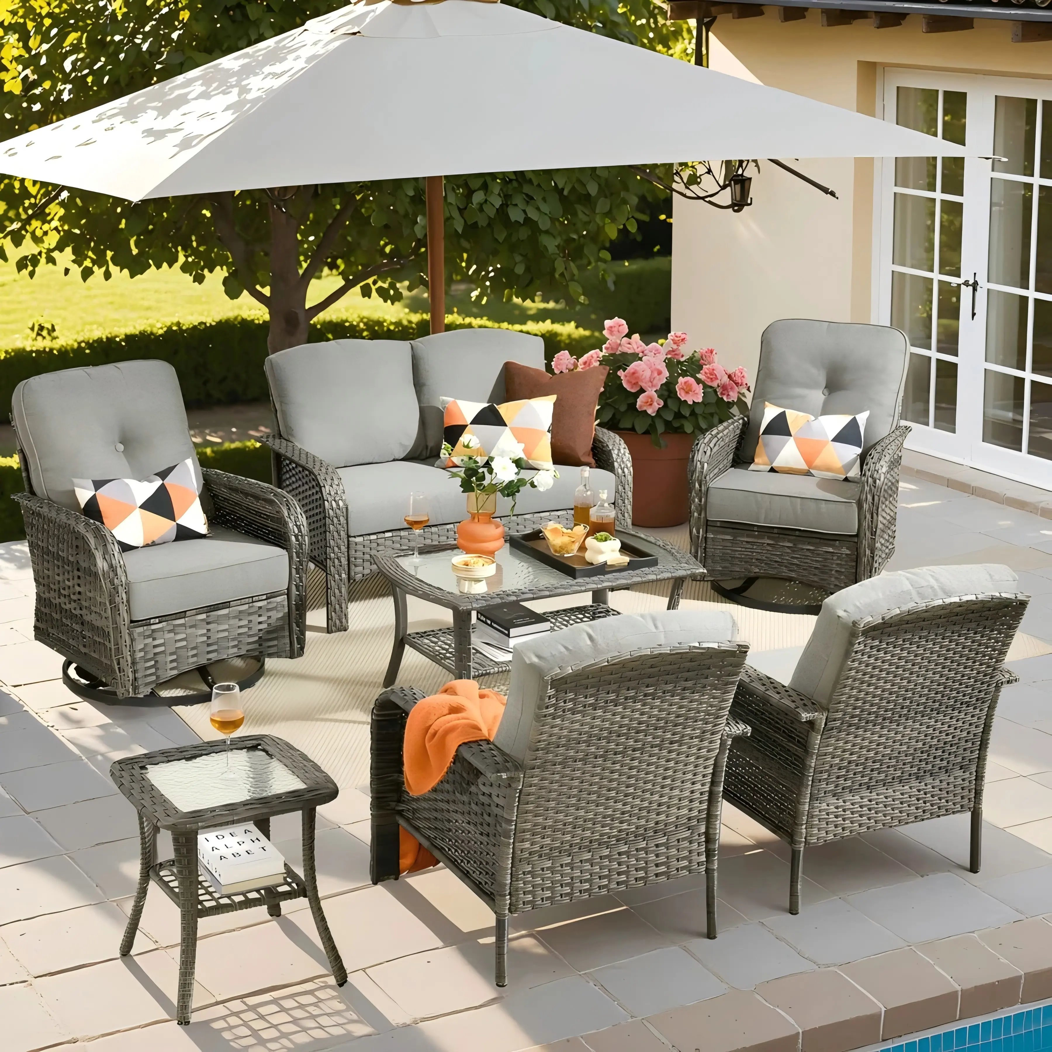 【Summerfinds】Ovios 7-Piece Outdoor Patio Furniture Set with Swivel Rocking Chairs, All-Weather Wicker Conversation Set with Cushions & Coffee Table for Backyard, Patio, Porch, Deck & Garden
