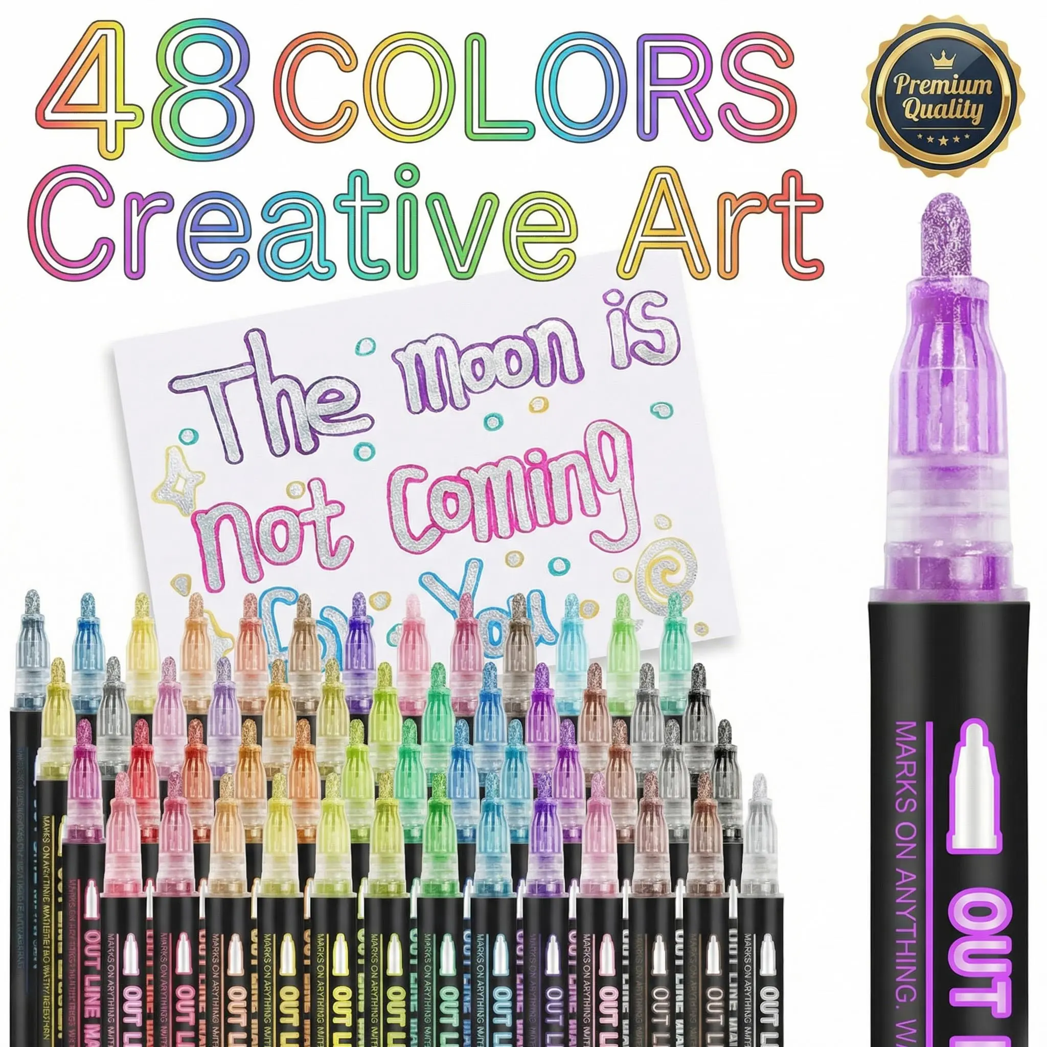 Outline Shimmer Markers Assorted Pack Markers & Highlighters (8/12/24/36/48 Colors), Glitter Metallic Gel Pens, Creative Art Supplies for School Journaling, Teen Girl Gifts for Halloween Coloring