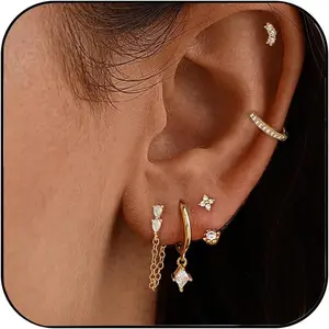 Gold Earring Stacks, Dainty Huggie Hoop Earrings 14K Gold Plated CZ Ear Cuff Chain Earrings Hypoallergenic Cartilage Earring Set Simple Gold Earrings for Women Trendy Piercing Jewelry