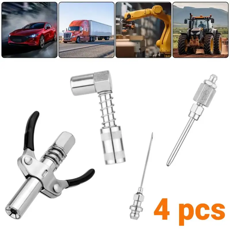 4pcs Grease Gun Fitting Kit, Include 90 Degree Grease Gun Coupler Adapter, Double Handles Grease Gun Coupler, Grease Needle, Needle Tip Dispenser Fit 1/8"" NPT Grease Gun