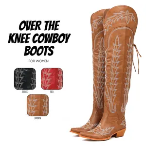Womens Cowboy Boots Over the Knee Boot Pointed Toe Chunky Block Heel Side Zipper Lace Easy Pull On Embroidered Retro Classic Western Spring Summer Party Country Wedding Festival Riding Dressy Night Club Cowgirl Tall Shoes