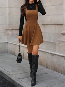 A women's strap design with high-waisted A-line skirt version retro sweet Casual style strap dress Womenswear, suitable for autumn and winter, suitable for daily outdoor wear