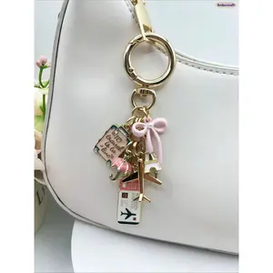 Cute Travel Keychain for Women and Men, Bow Airplane Luggage Charm with Enamel Ticket Pendant, Vacation Bag Charm for Backpack, Handbag, Car Keys, Travel Lover Gift, Lightweight Decorative Keyring Accessory