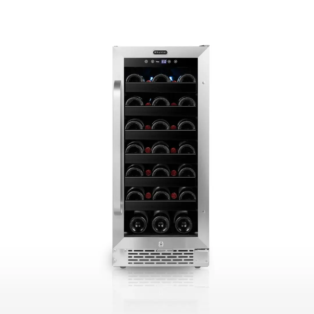 Whynter 33-Bottle Undercounter Wine Fridge BWR-308SB, Stainless Steel, Single-Zone Cooling, Space-Saving, Digital Display, Carbon Filter