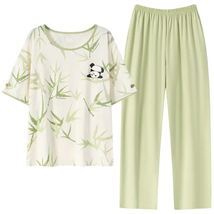 Cotton Women Pajama Set 2 Pcs Short Sleeve Pullover Top Sleepwear Long PJ Pants