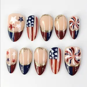Vintage Patriotic Fourth of July Press On Nails, Luxury Handmade 4th of July with French tips Design Nails, USA Flag Nail For Women, NailArt, Party, Birthday Nails Inspo