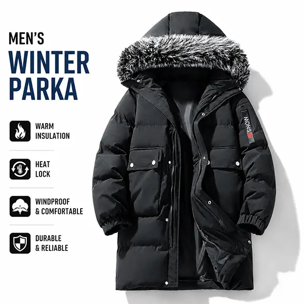 Men's Fur Hooded Puffer Jacket, Thick Thermal Down Coat, Streetwear Loose-Fit Outerwear, Casual Autumn and Winter Zip-Up Parka with Warm Fleece Lining and Multi-Pockets