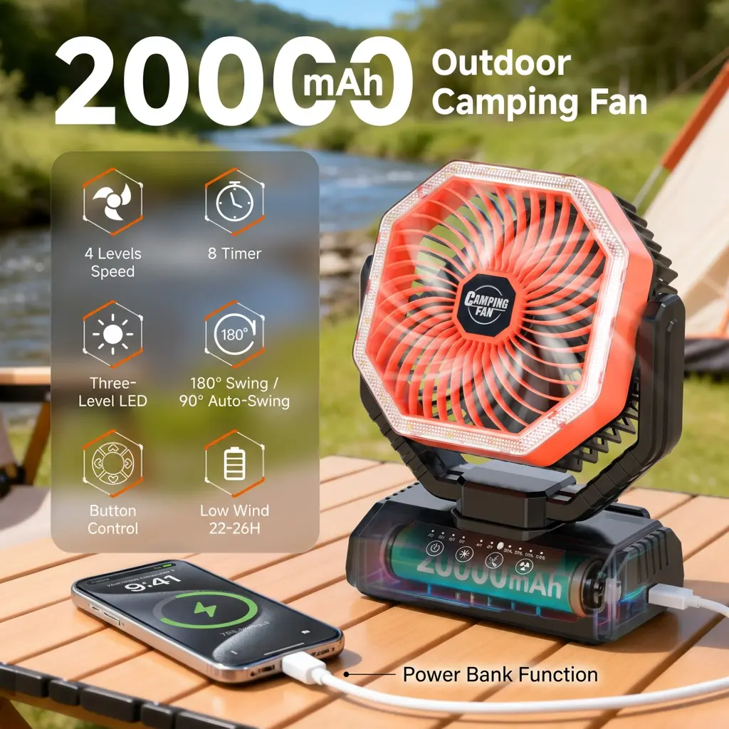 20000mAh Portable Oscillating Camping Fan W/ LED Light & Remote Control, Type-C Rechargeable 4-Speed Fan, 90° Oscillation, 1-8H Timer, Compact Desk Hanging Cooling Fan, Stadium Outdoor Sports, Camping Gear, Christmas Stocking Stuffer Gift