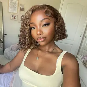 【Clearance】FORGIRLFOREVER Kinky Curly Highlight Wig Short Bob Wear Go Glueless Wig 6x4 Bleached Knots Pre-Cut HD Lace Front Human Hair Wig Beginner Friendly
