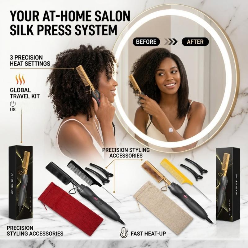 Professional Hot Comb for Black Hair, Electric Hair Straightener Comb for Wigs, Natural Hair, Silk Press & Edge Styling