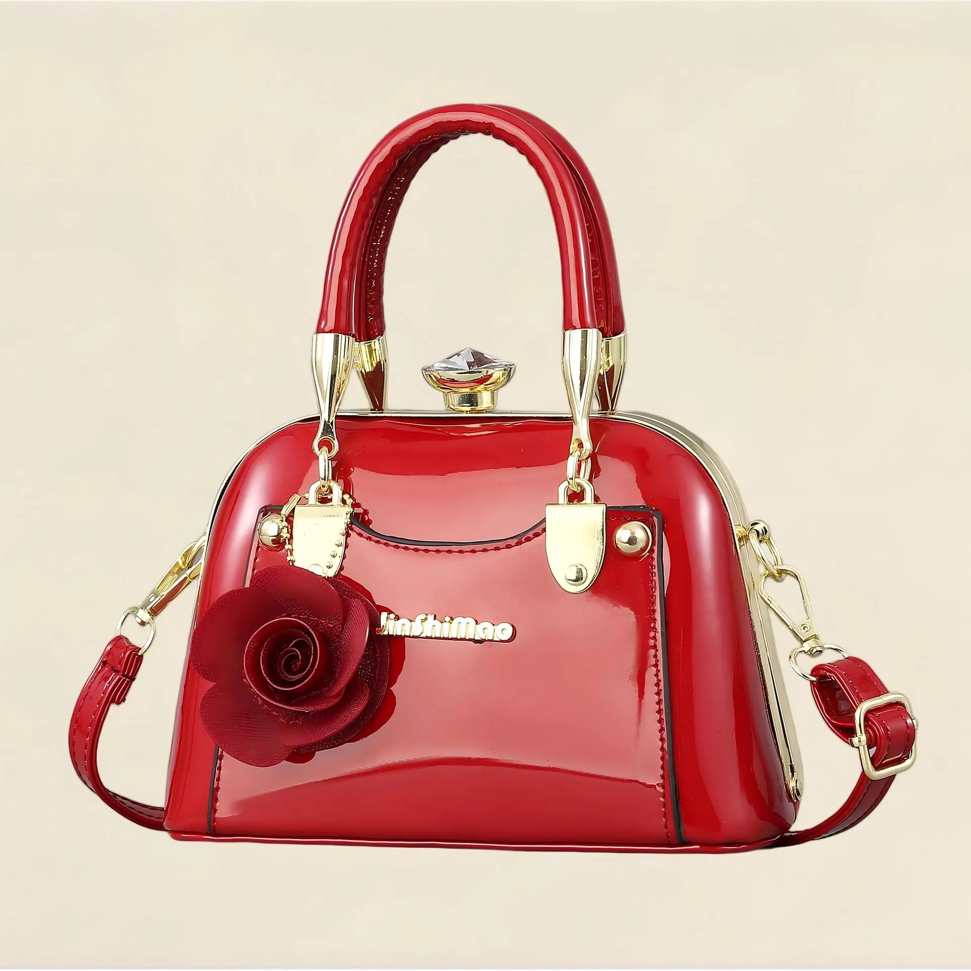 Women's Vintage Chic Glossy Patent Leather Handbag - Chic Crossbody Purse, Elegant Bag with Rose Decoration, Gold Hardware, Top Handle for Daily/Party Occasions