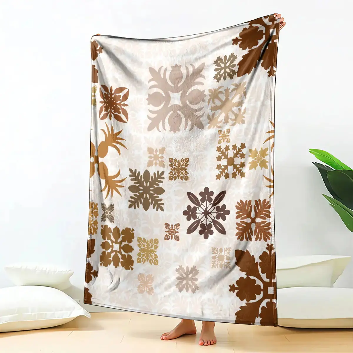 Vintage Hawaiian Quilted Flannel Blanket - Beige & Brown Geometric Pattern, All Seasons Soft Throw for Bed, Couch, Cozy Stylish Home Decor