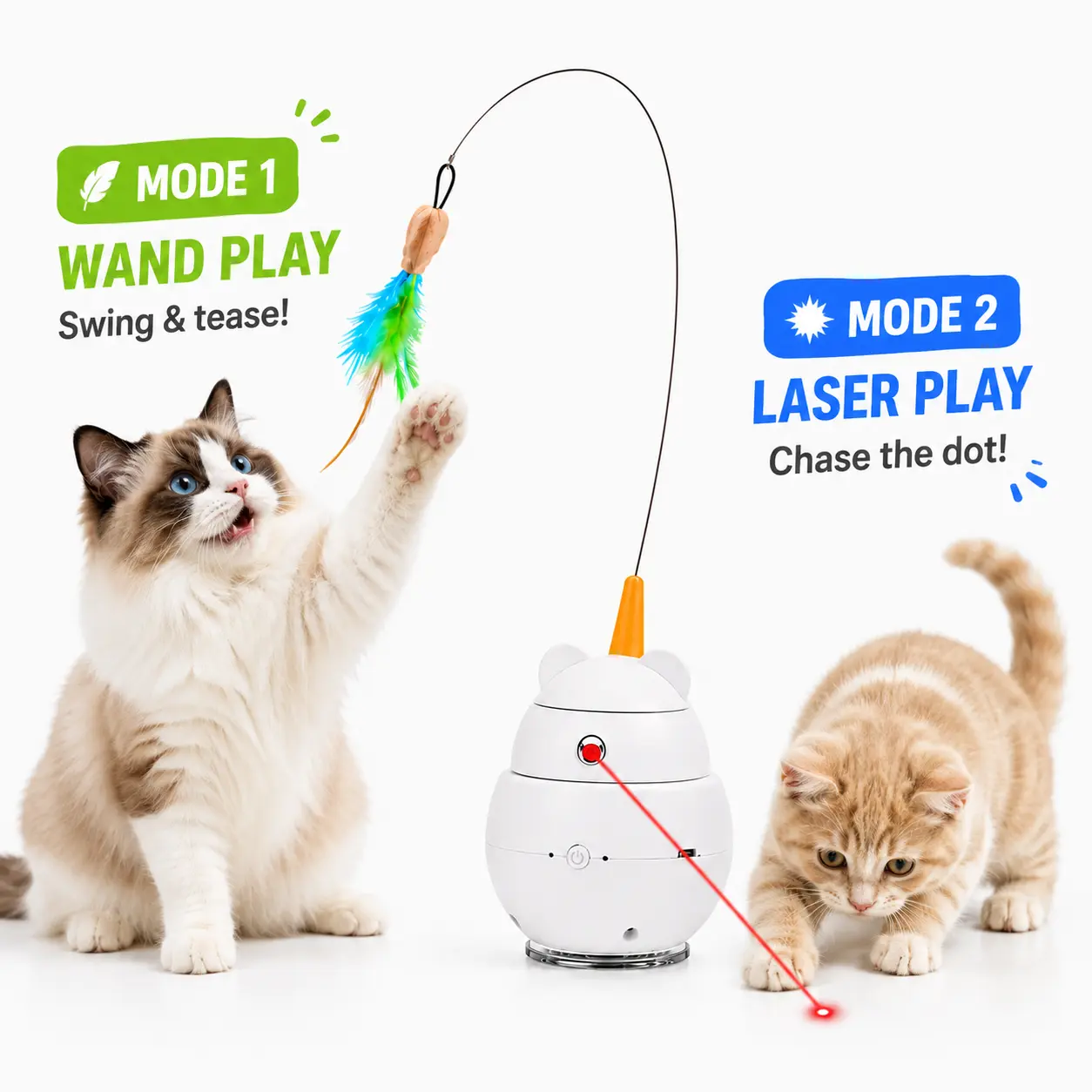2-in-1 Interactive Cat Toy with Laser & Feather Wand, USB Rechargeable Automatic Cat Exercise Toy for Indoor Cats, Self Play Hunting Toy for Kittens & Adult Cats cat laser toy