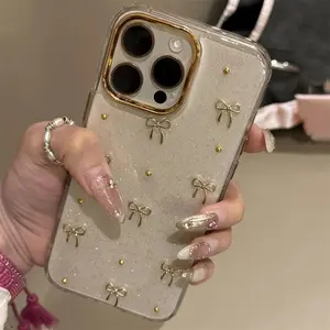 Cute 3D Gold Frame Bow Transparent Phone Case for Apple iPhone 17 16 15 14 Plus 13 Pro Max, Soft Epoxy Resin Shockproof Back Cover