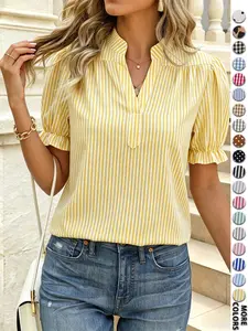 Spring Summer French Style Striped Short Sleeve Shirt, Stand Collar Half Open Front, Casual Fitted Top, Comfortable Basic Wear