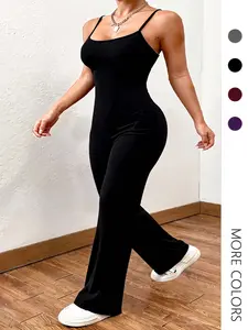 Women's Plain Sleeveless Fitted Jumpsuit with Pockets, Adjustable Strap Design, Long Regular Fit Everyday Casual Wear, Fashionable One-Piece
