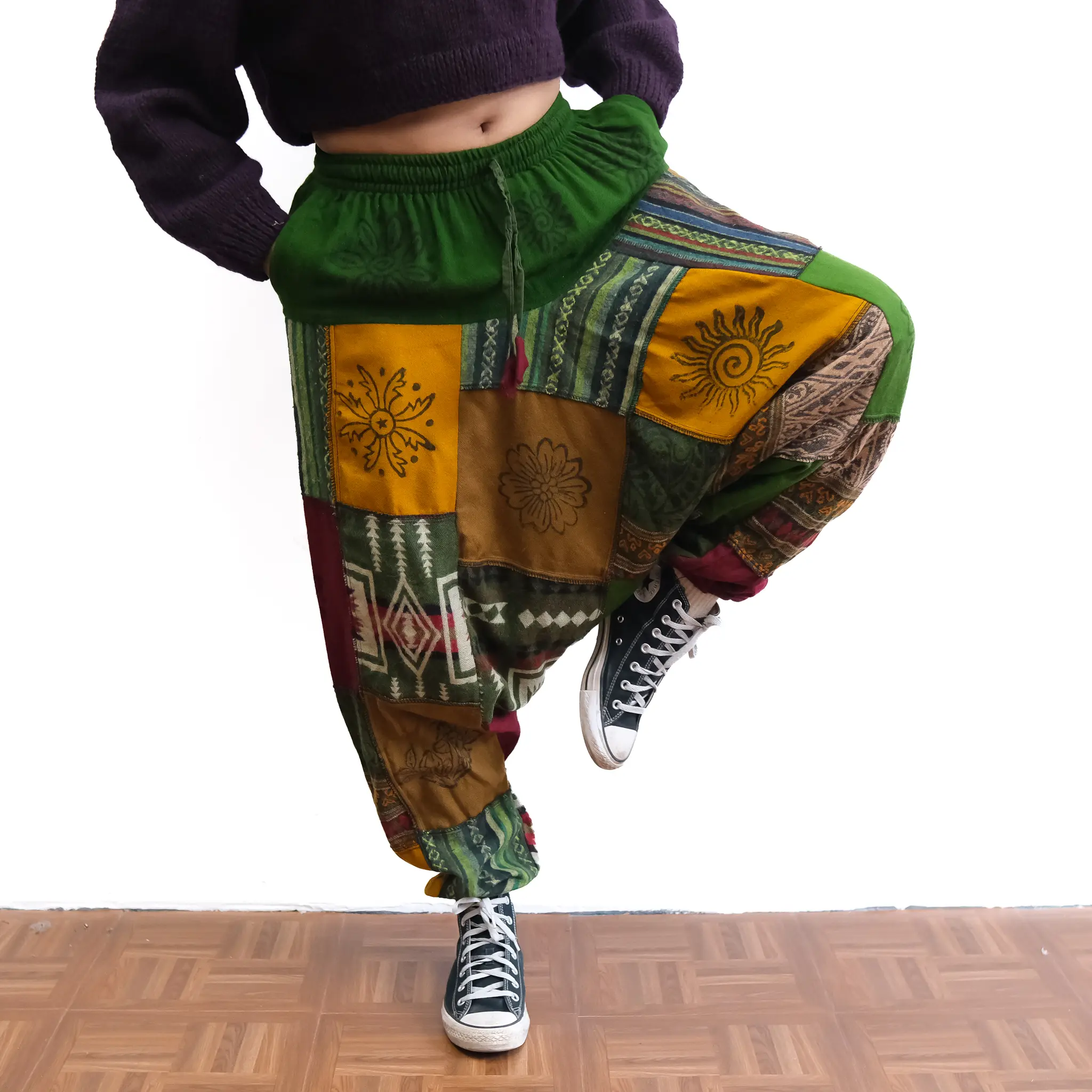 Patchwork Recycled Wool Blend  Harem Pant, Handmade Patch Low Crotch Winter Trousers, Aladdin Unisex Boho Style Warm Pants, Stretchy Colorful Joggers, Men/Women  Lounge Pants, Stretchy Baggy Trousers