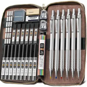 30 count  Metal Mechanical Pencil Set in Leather Case, 0.5/0.7/0.9/2.0mm Art Drafting Pencils with 16 Tubes Graphite Leads (6B 4B 2B HB 2H 4H) & Colored Refills for Sketching, Drawing, Writing
