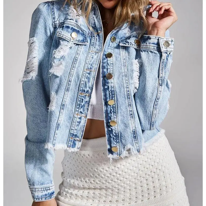 Women's Ripped Denim Jacket - Casual Long Sleeve Coat with Frayed Hem, Burr Detail for Outdoor Sports & Activities