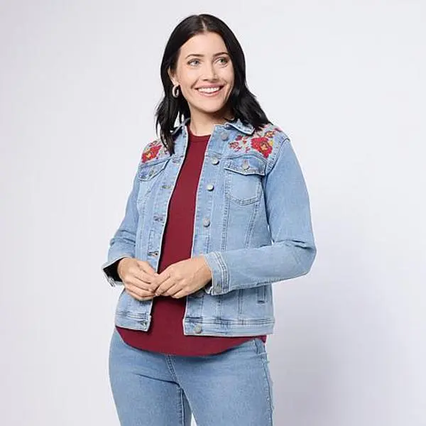 DG2 by Diane Gilman New Classic Stretch Embroidered & Studded Denim Jacket